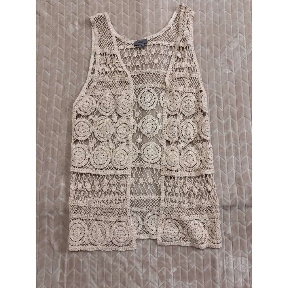 YAIRA Cotton Crochet Duster Open Front Cardigan Tank Top M Coastal Cottagecore - Picture 5 of 13